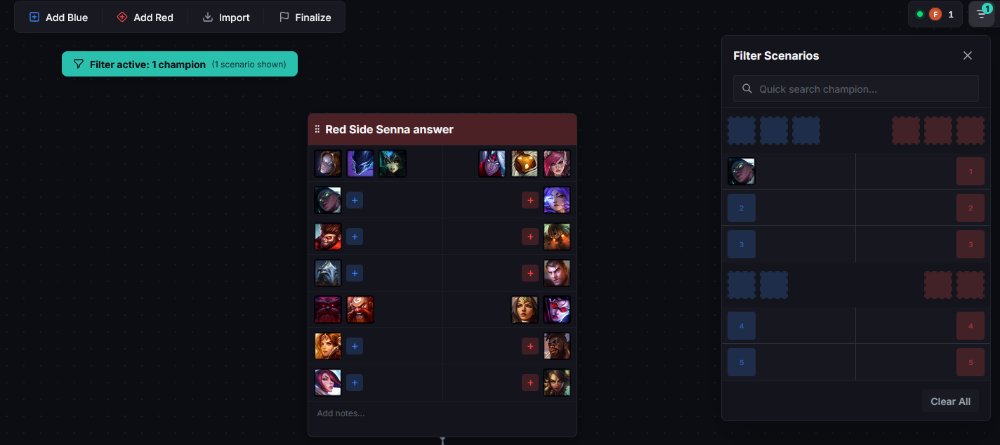 Filter modal open with one champion picked as B1, "3 of 8 scenarios visible" banner