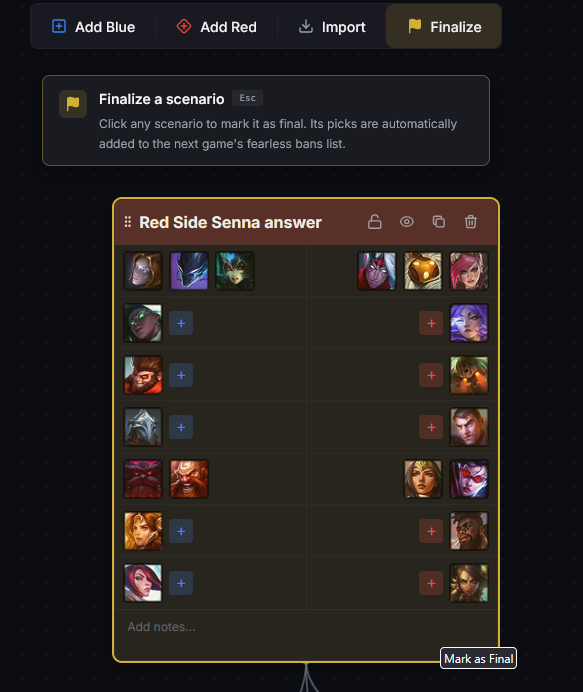 Finalize button armed (gold), one scenario hovered with "Mark as Final"